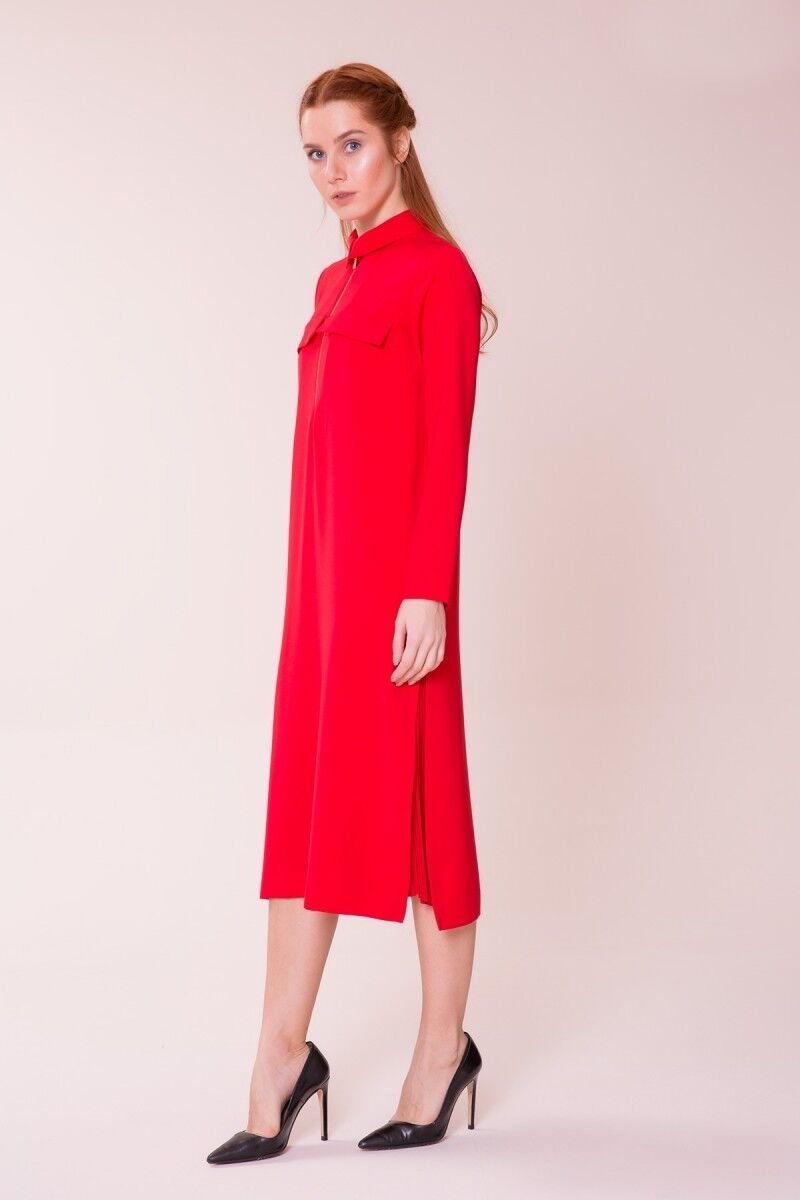 Önden Fermuar Detaylı Kırmızı Midi Elbise