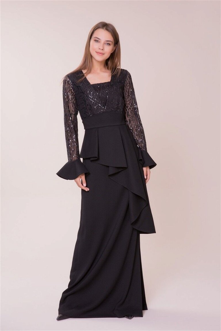  GIZIA - İşlemeli Siyah Uzun Elbise