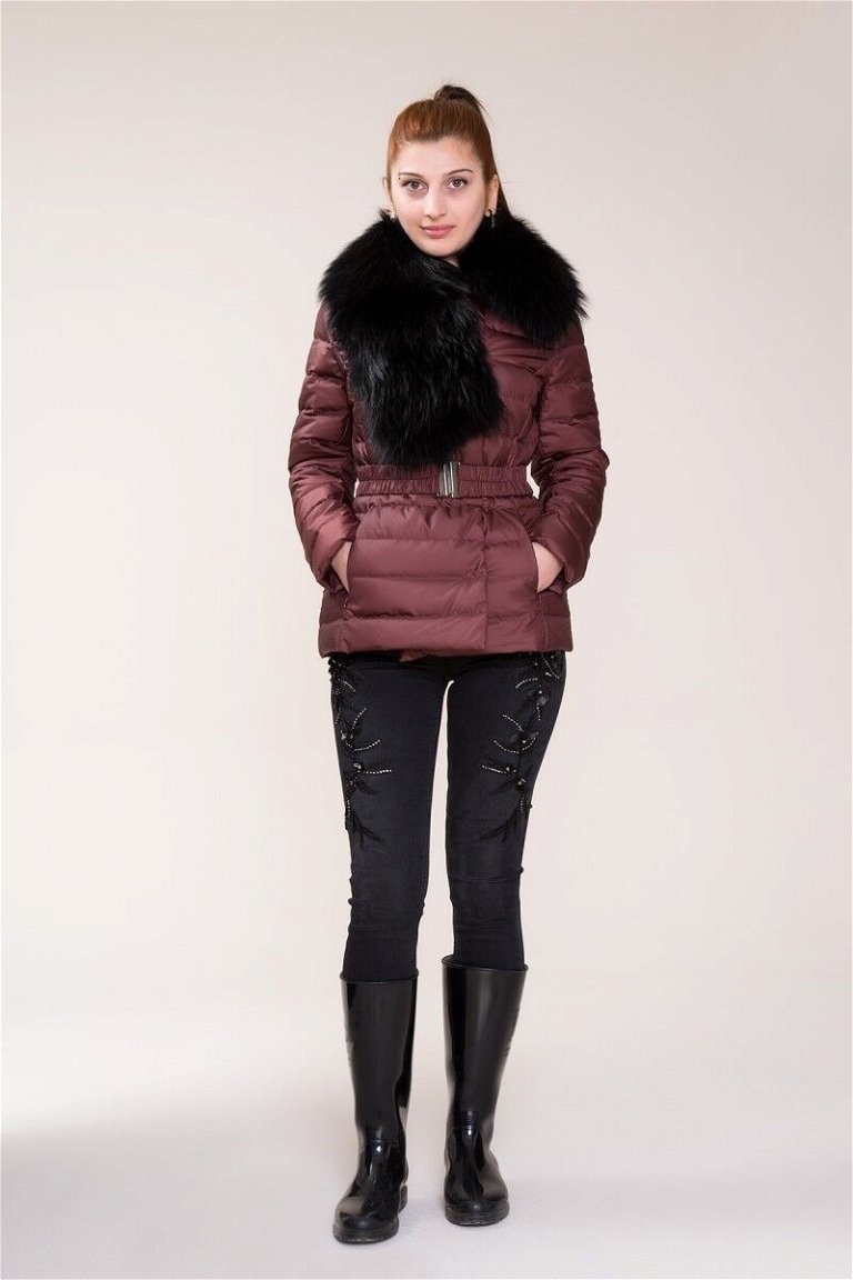  GIZIA - Fur and Belt Detailed Goose Feather Claret Red Coat
