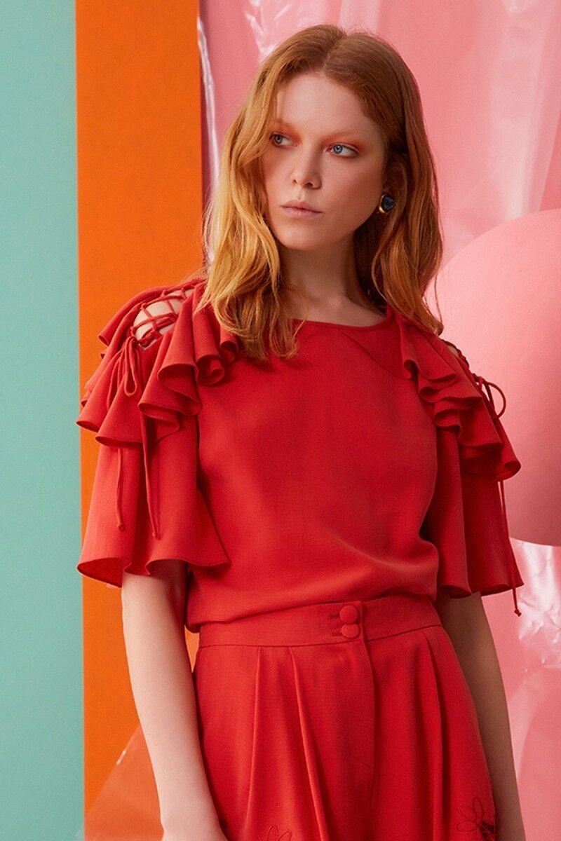 Shoulder Frill and Rope Detailed Coral Blouse