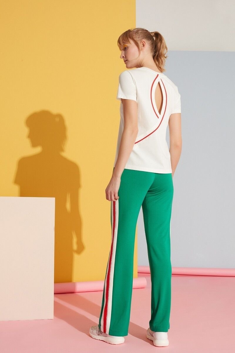 Beyaz Şerit Detaylı Yeşil Spor Pantolon