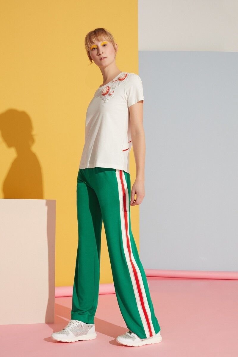 Beyaz Şerit Detaylı Yeşil Spor Pantolon