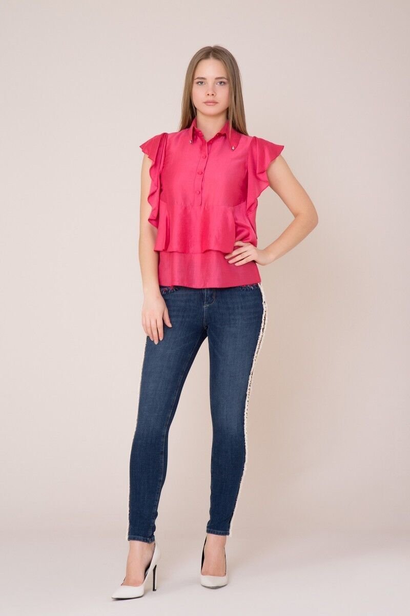 Collar Stone And Frill Detailed Fuchsia Blouse