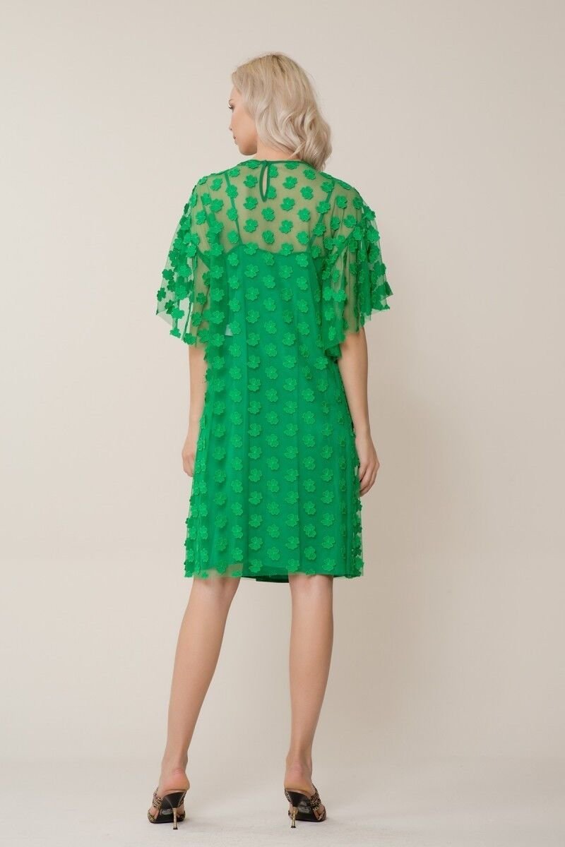 Yeşil Çiçek Detaylı Tül Elbise