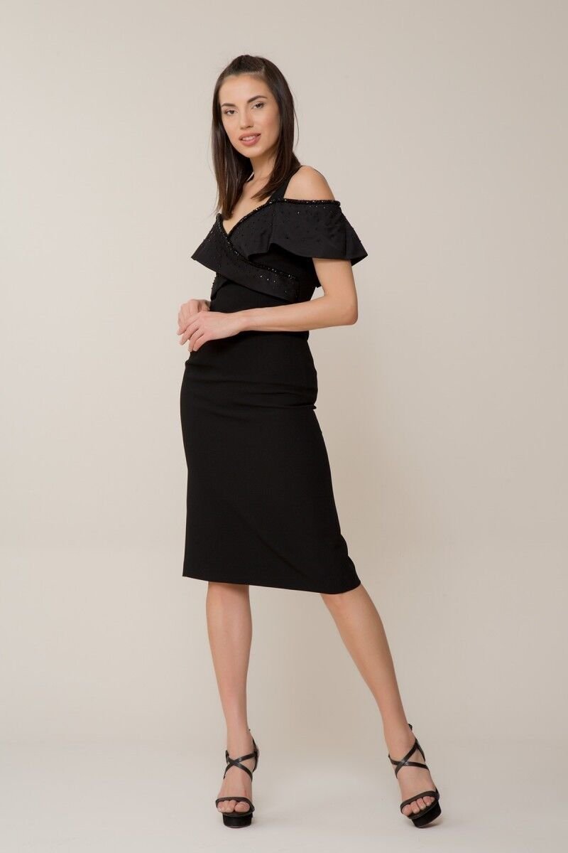 Sleeve Detailed Black Dress With Thick Straps