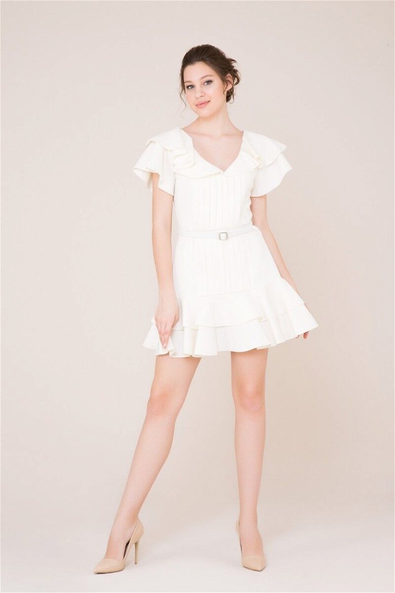  GIZIA - Frill and Belt Detailed Ecru Mini Dress