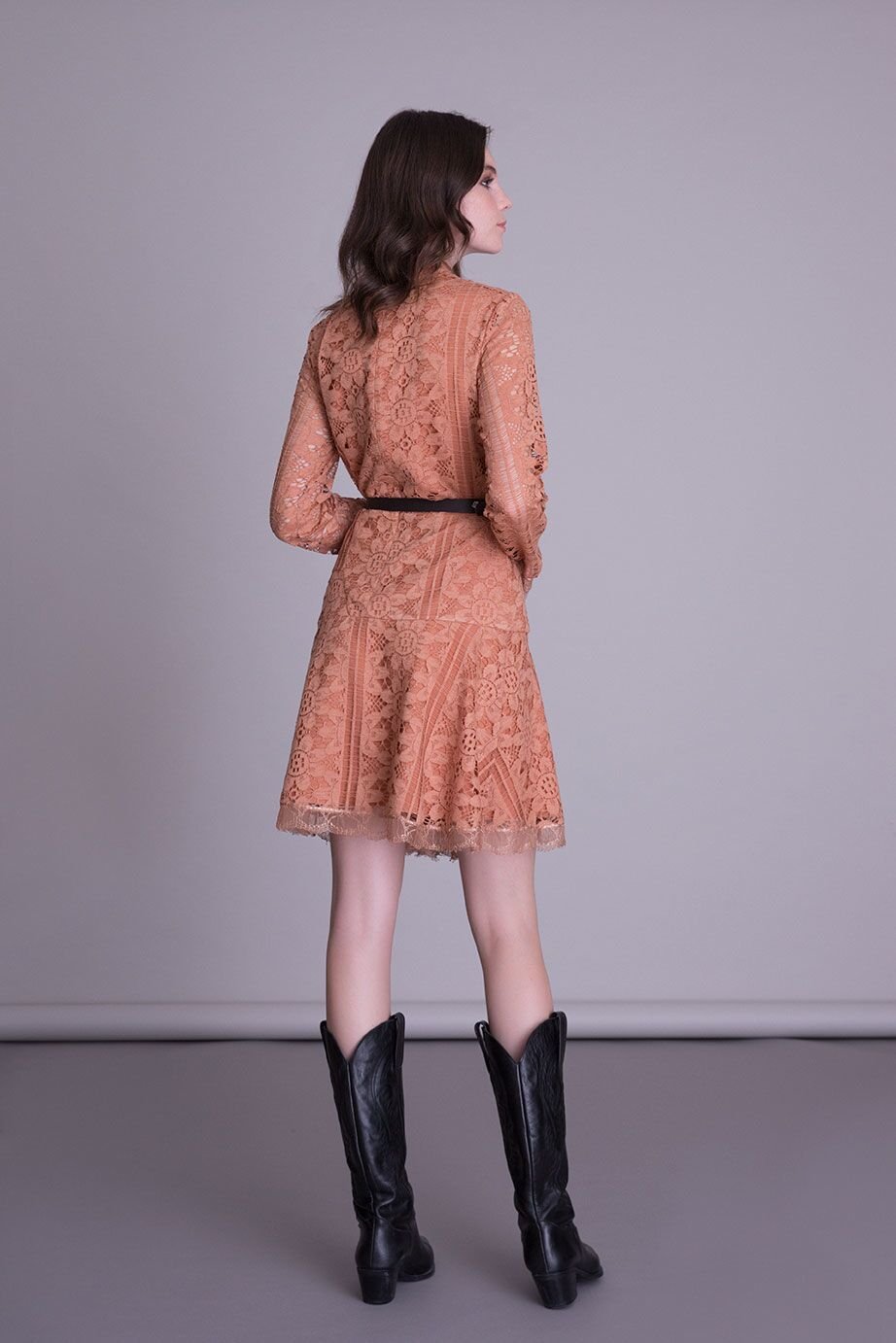 Belt Detailed Salmon Color Lace Flared Coctail Dress