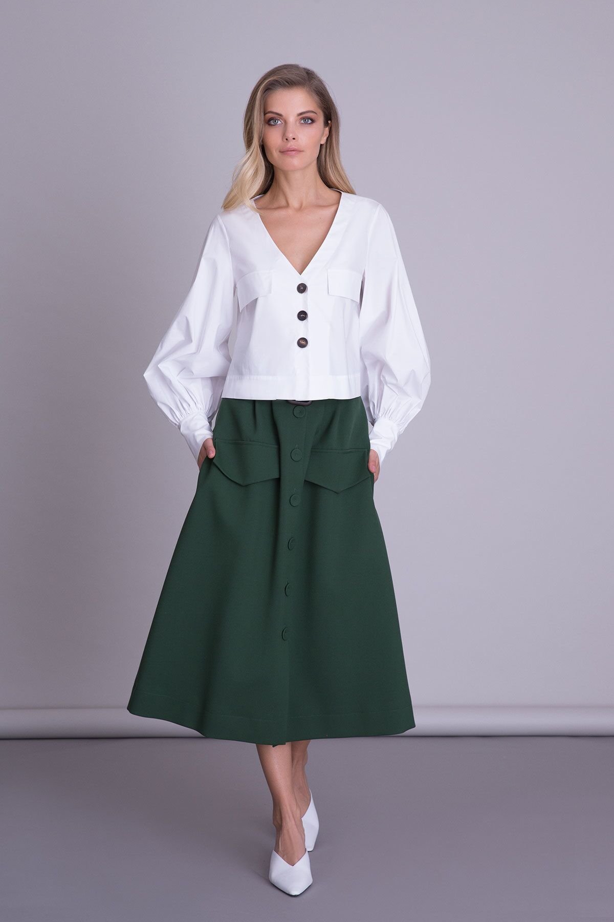 Button And Pocket Detailed Green Midi Skirt