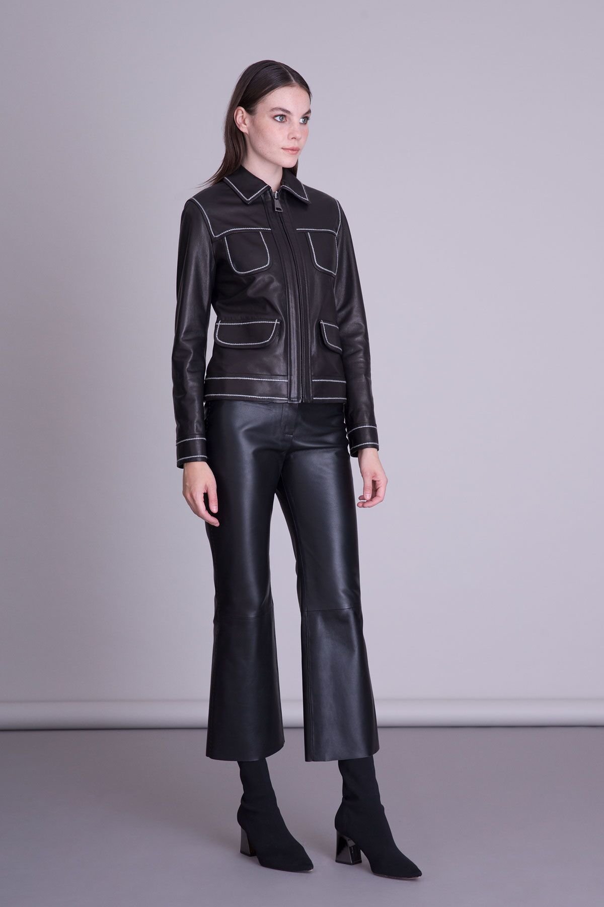Stripe Detailed Black Leather Jacket