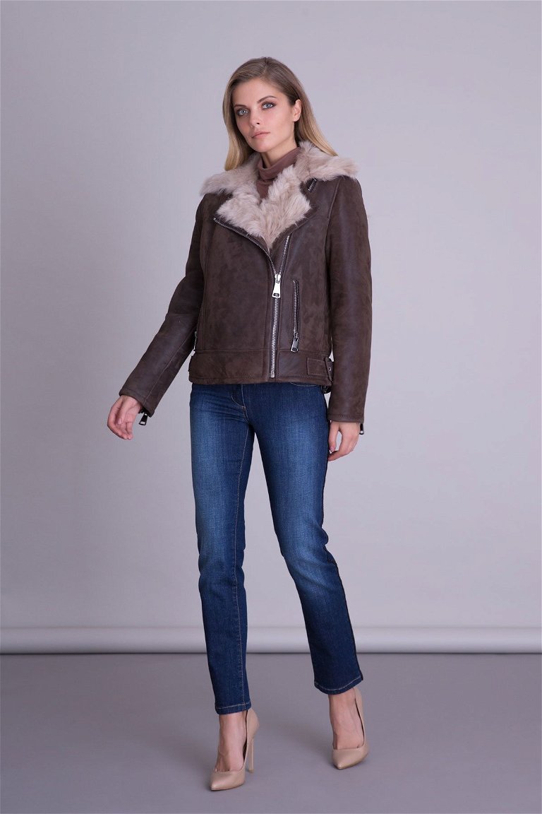  GIZIA - Fur Detailed Brown Leather Coat