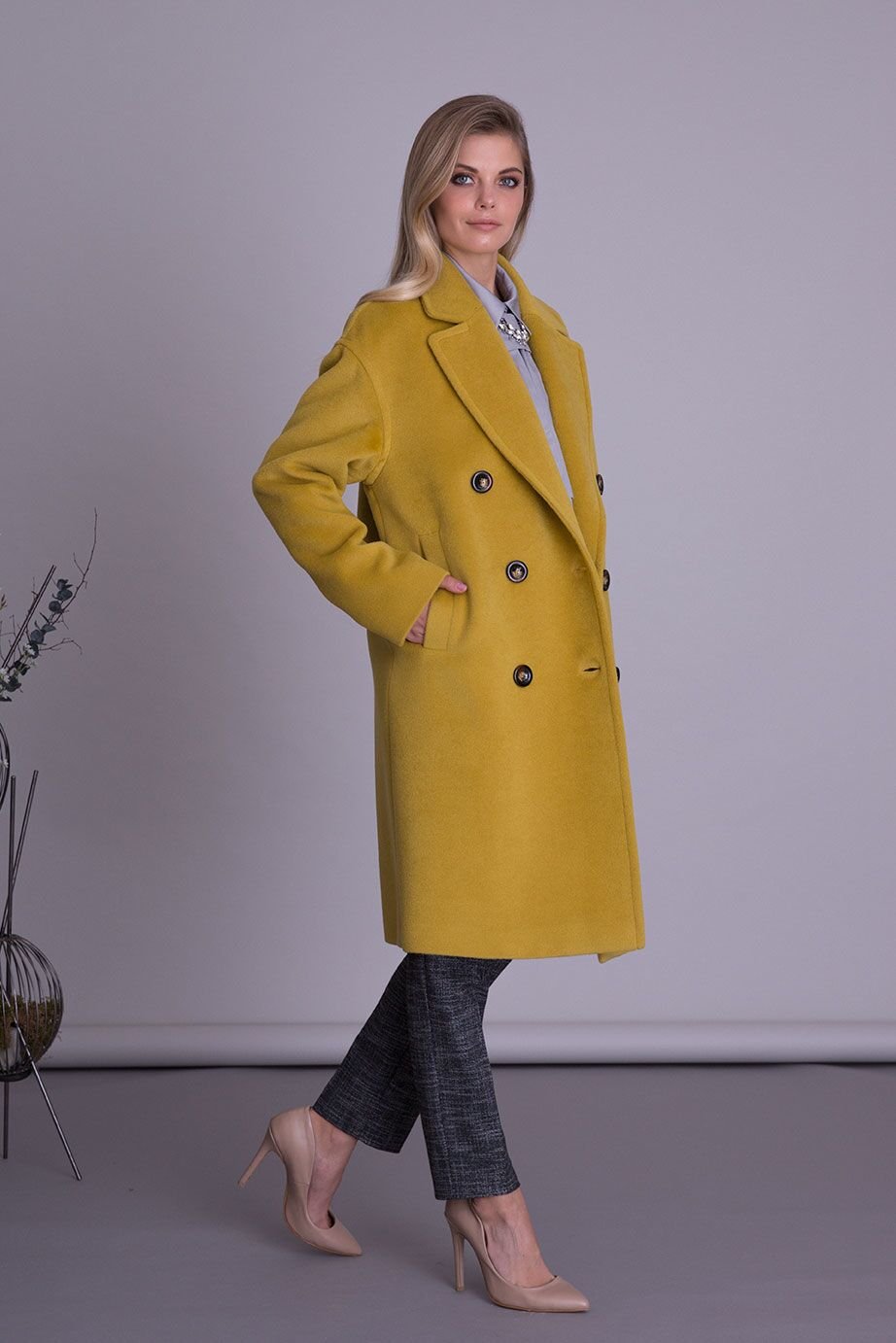 Silk Wool Fabric Yellow Midi Coat