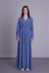  GIZIA - V Yaka Uzun Mavi Kumaş Elbise