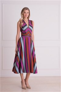 GIZIA - V Yaka Grafik Desenli Midi Elbise