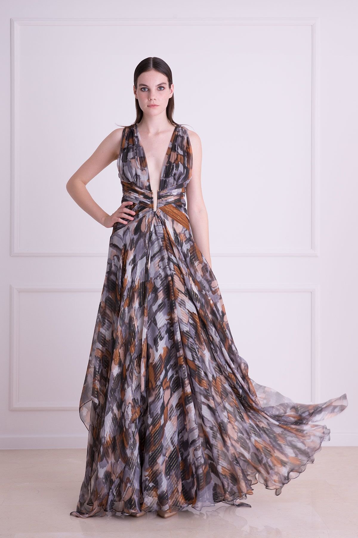 Deep Decollete Patterned Long Dress