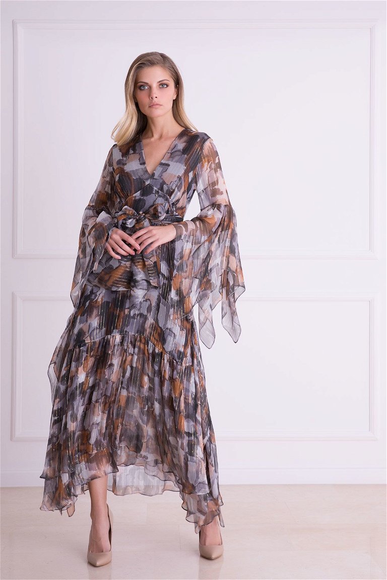  GIZIA - Asymmetric Cut V-Neck Silk Fabric Long Dress