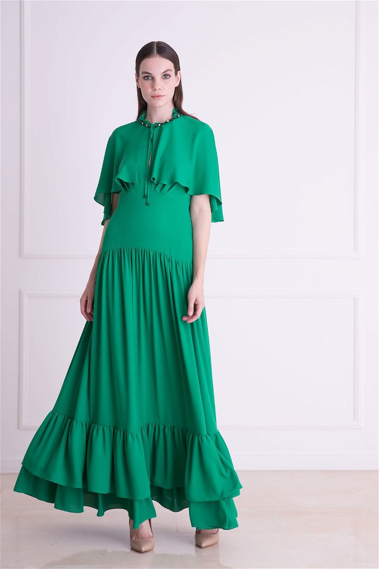  GIZIA - Pelerin Detaylı Yeşil Uzun Elbise