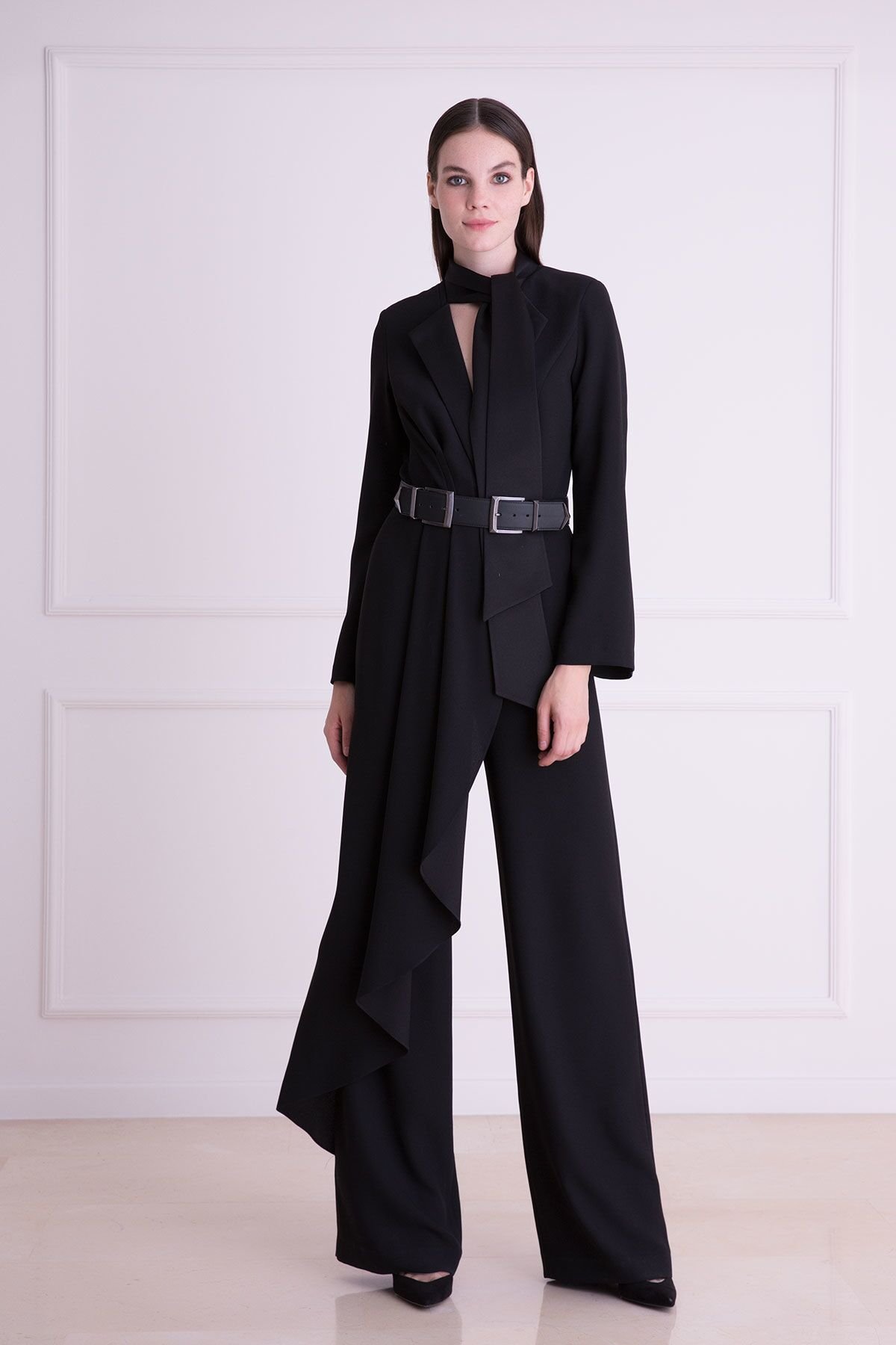Belt Detailed Black Jumpsuit Dress