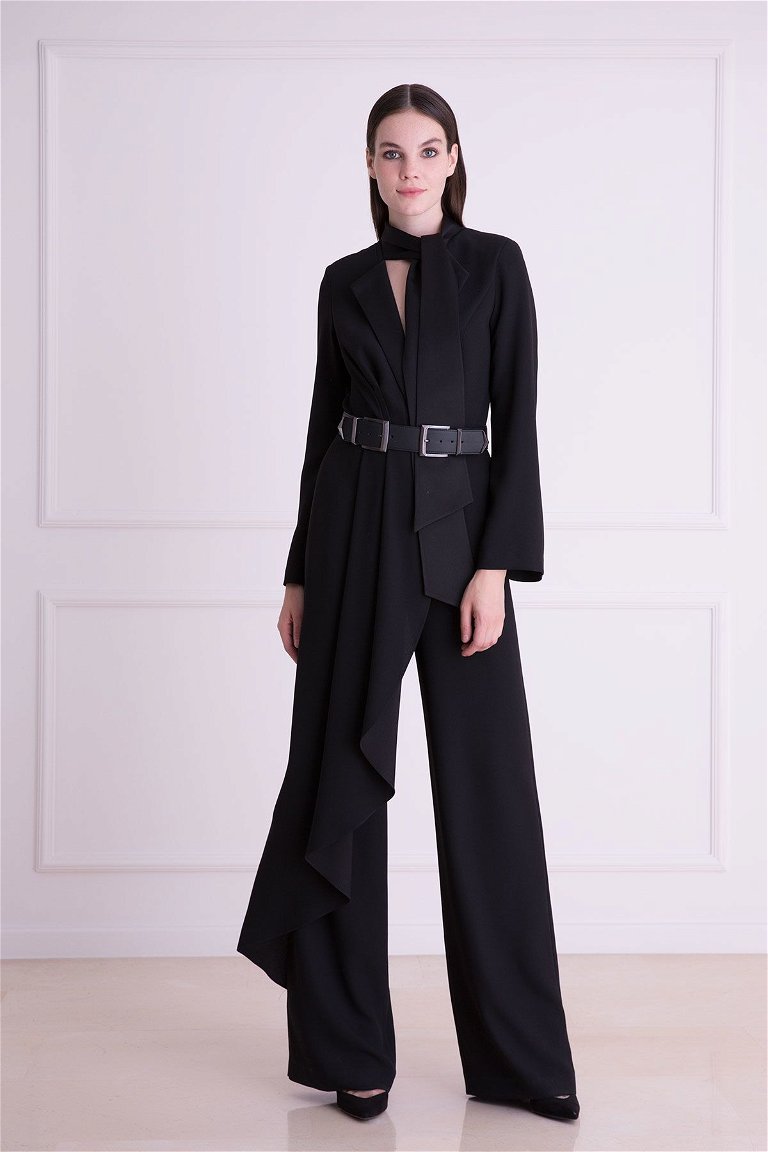  GIZIA - Kemer Detaylı Siyah Tulum Elbise