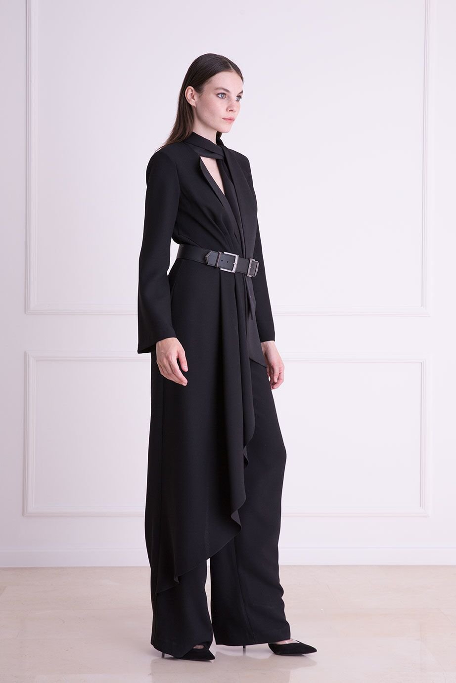 Belt Detailed Black Jumpsuit Dress