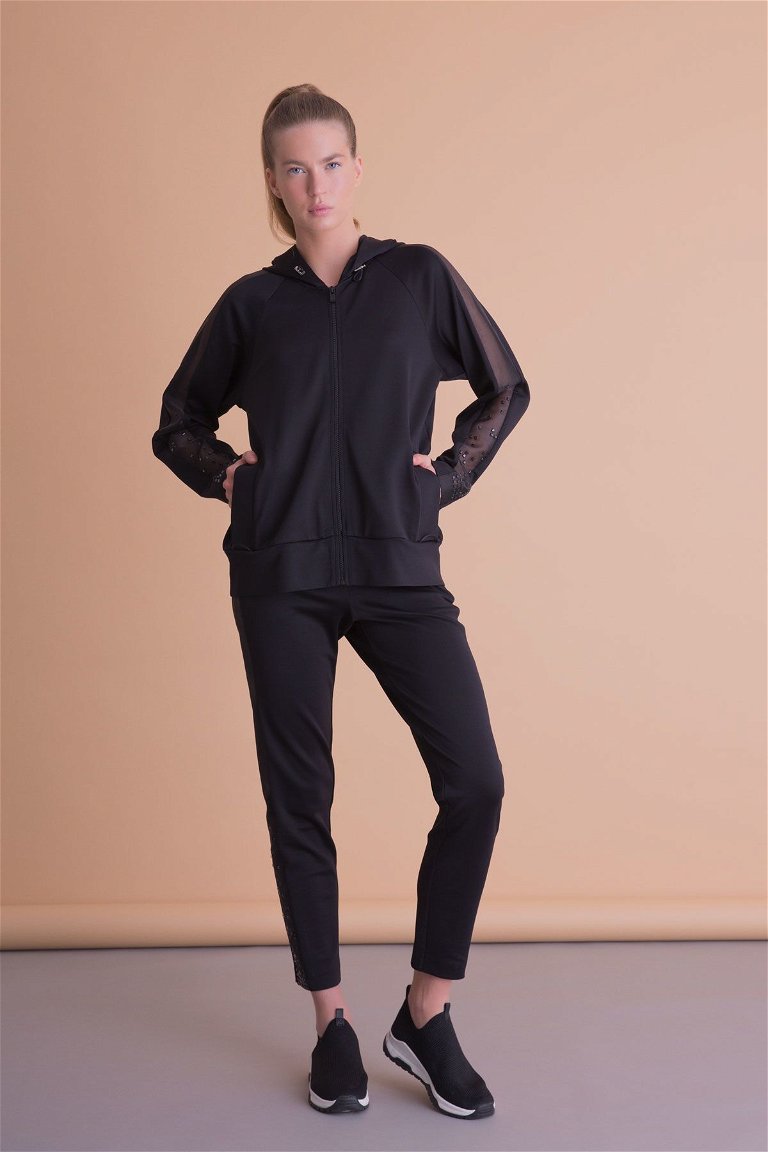  GIZIA - Kol Tül Detaylı Kapüşonlu Siyah Swetshirt