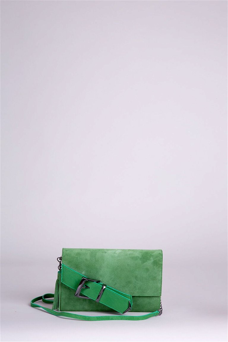 GIZIA - Tassel Detailed Green Leather Clutch Bag