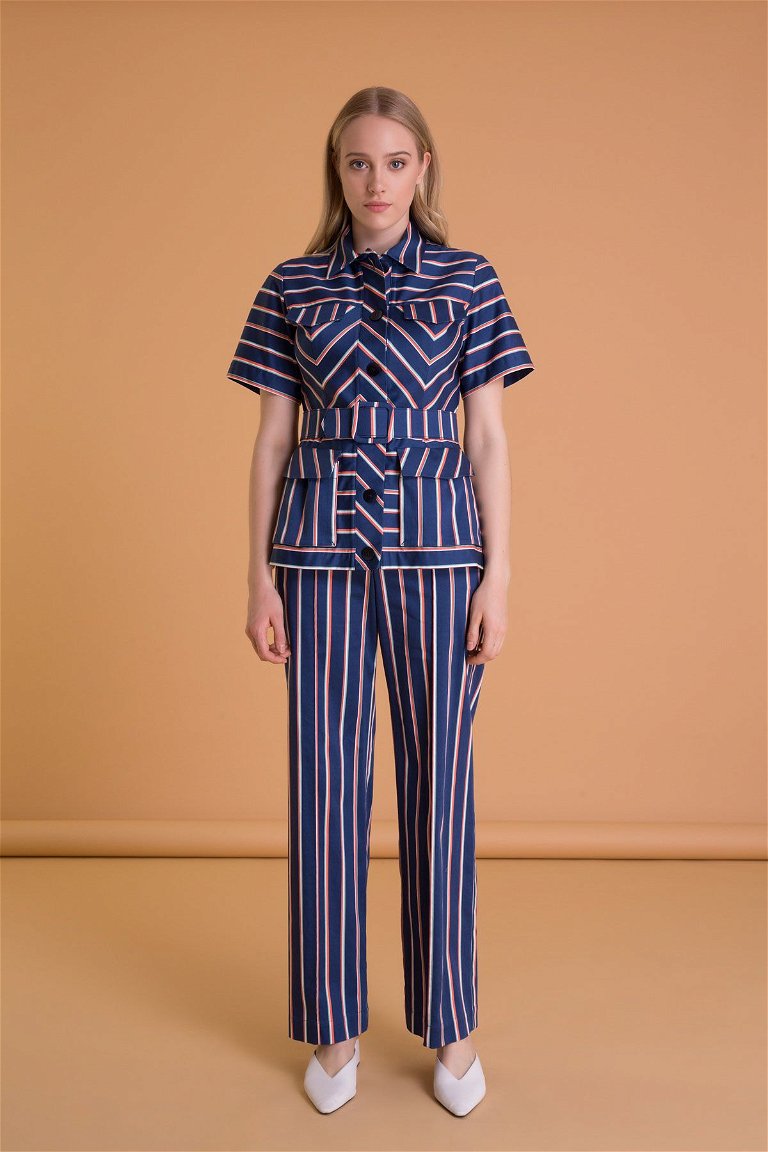 GIZIA - Line Patterned High Waist Navy Blue Trousers