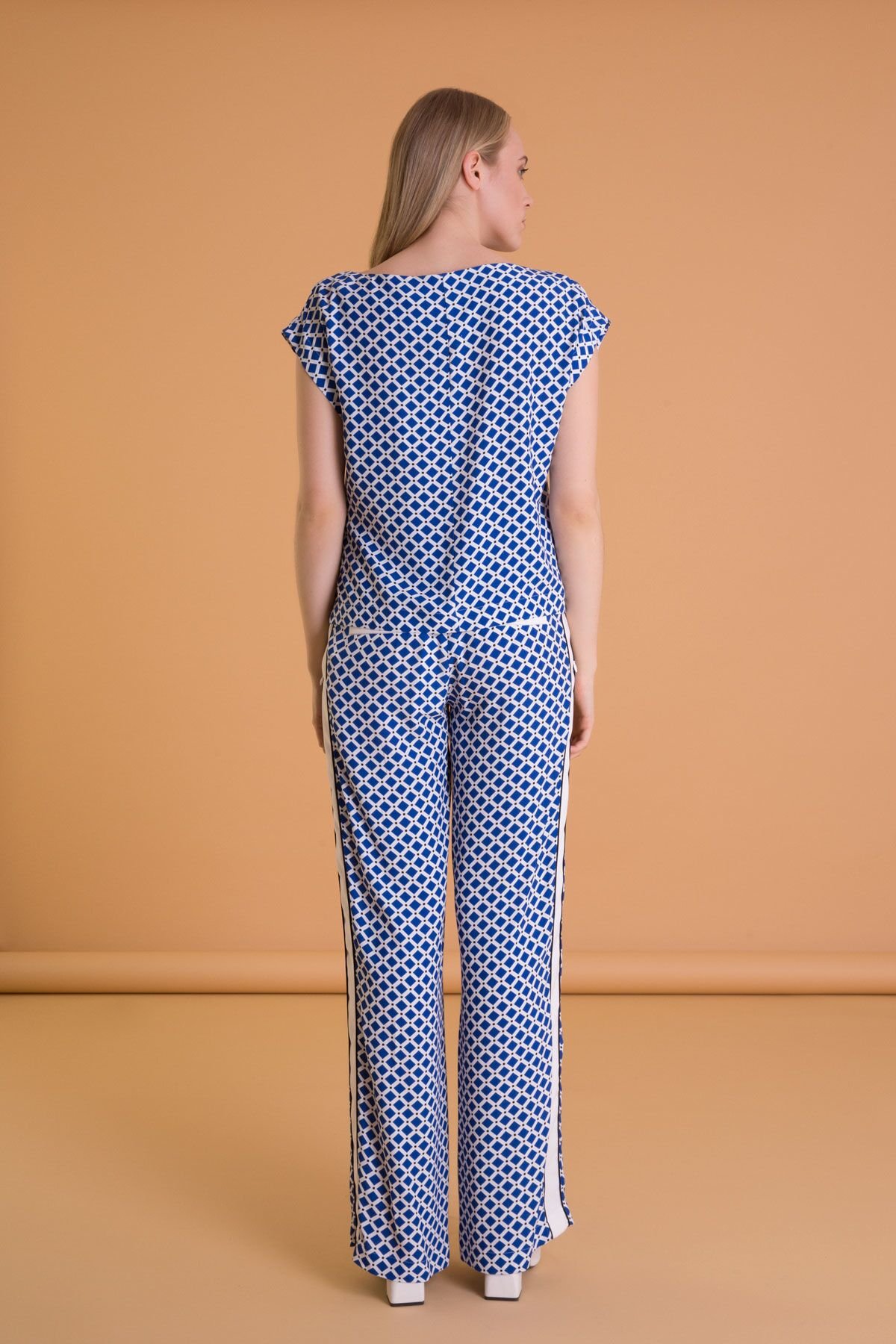Geometrik Desenli Geniş Kesim Mavi Pantolon