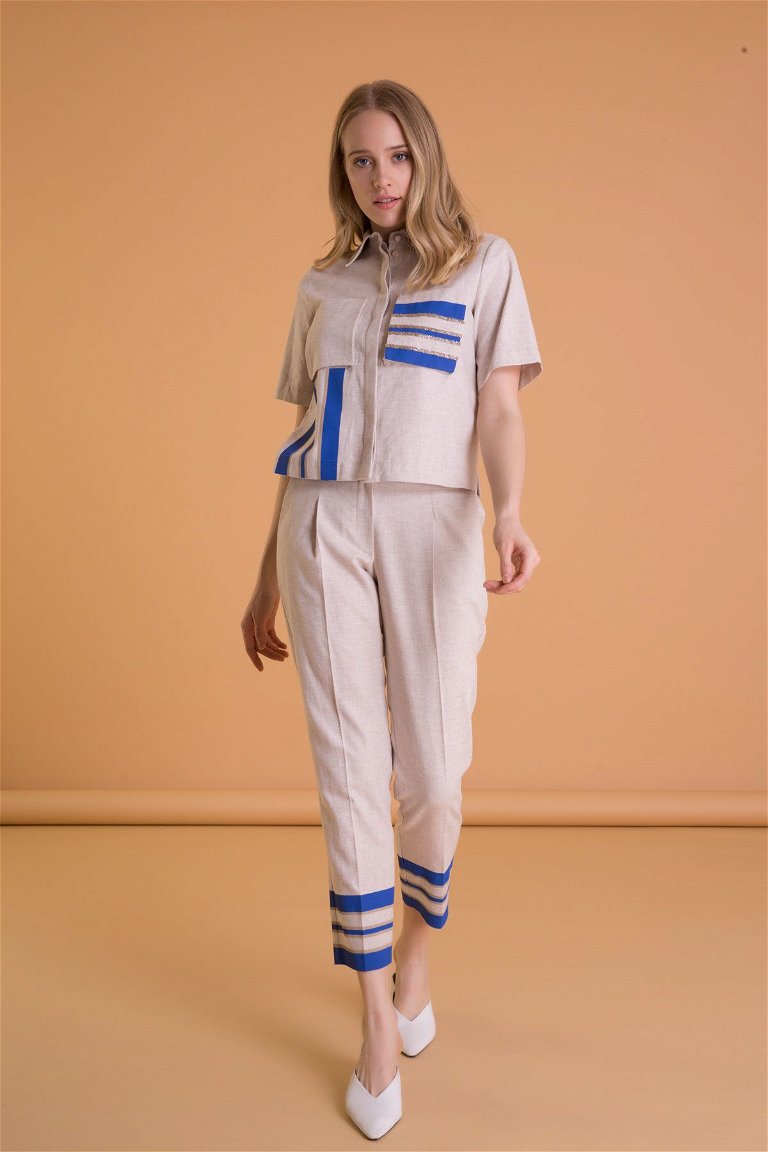 GIZIA - Stripe Detailed Ankle Length Beige Fabric Trousers