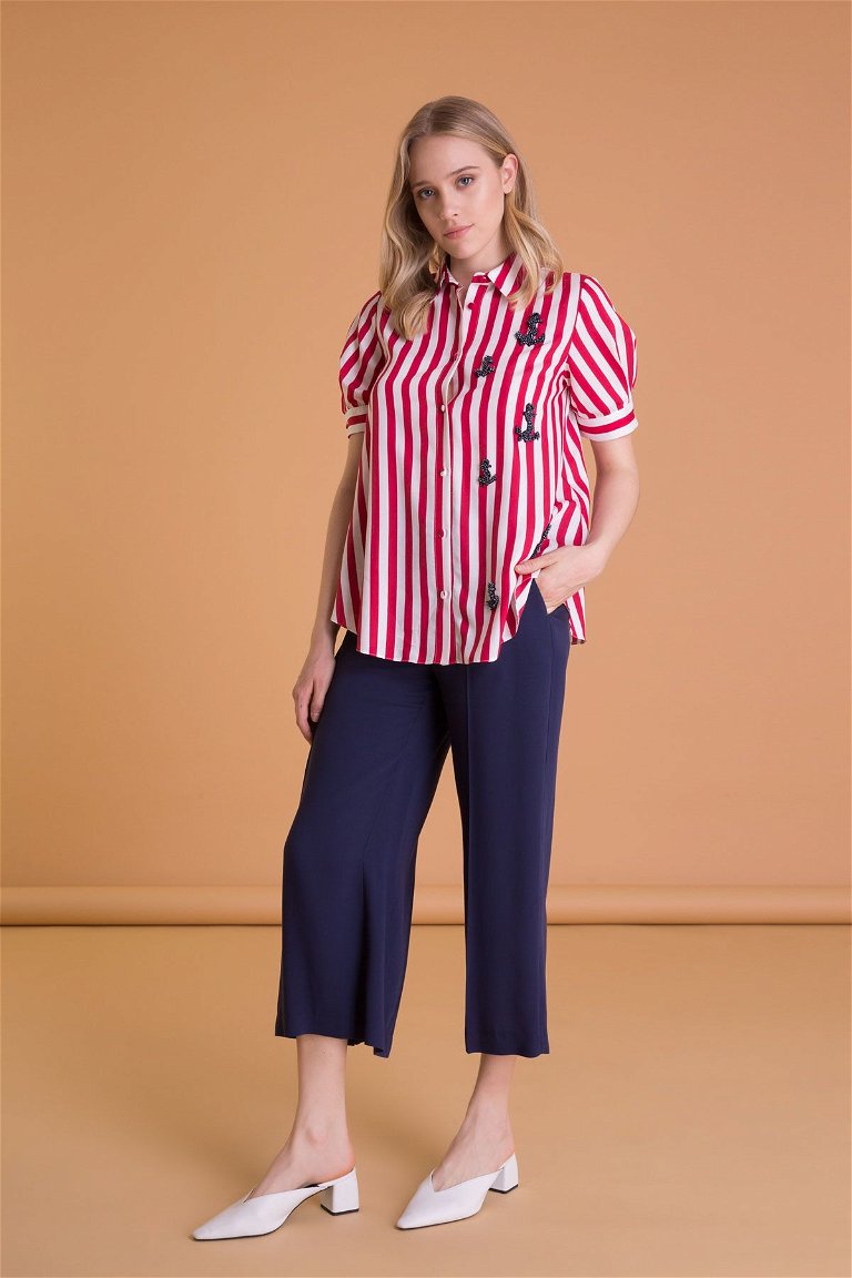  GIZIA - Marine Detailed Red Striped A Form Shirt
