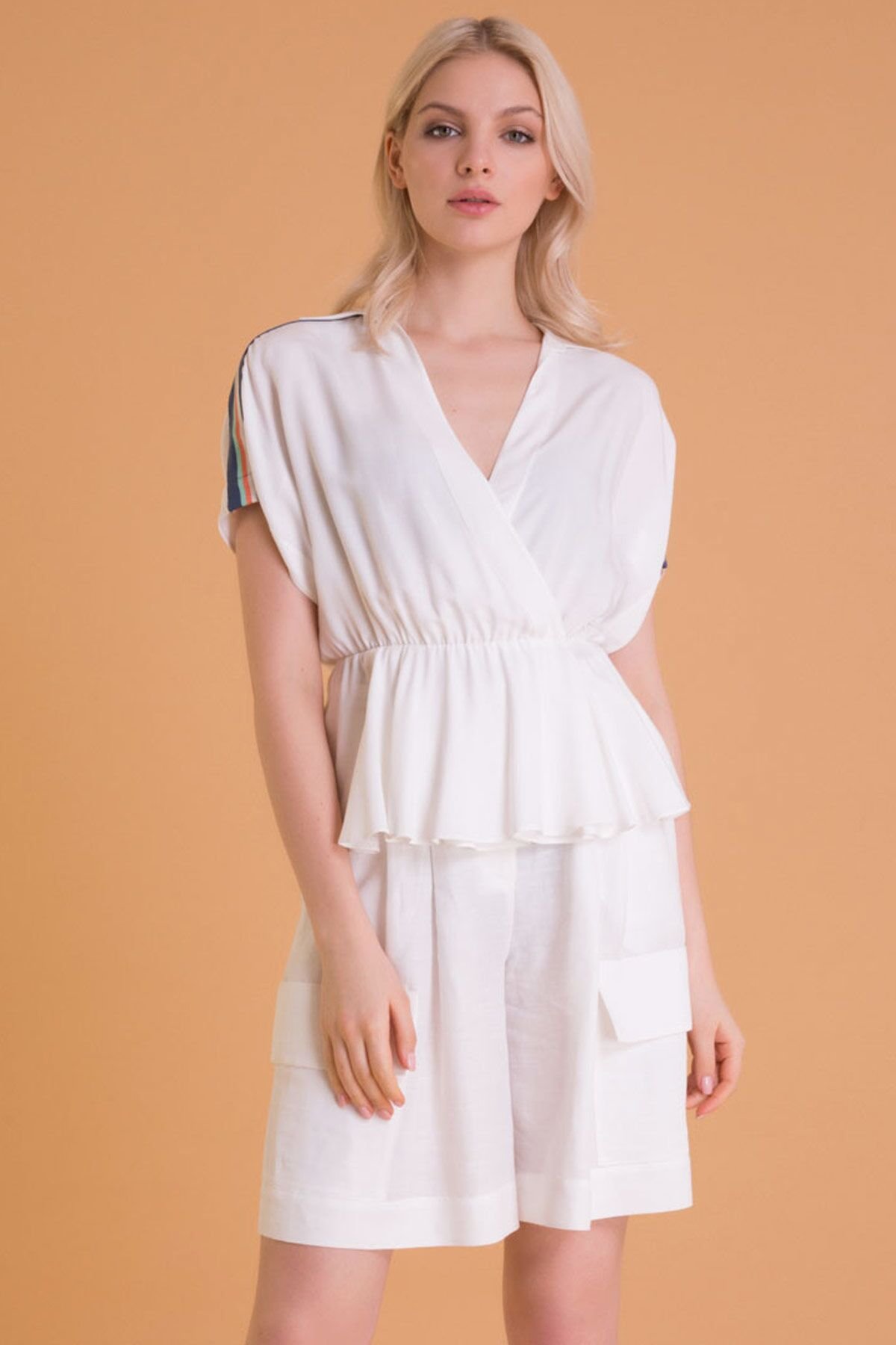 V-Neck Ecru Blouse with Pleated Waist