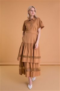 GIZIA - Ruffle Brown Pocket Long Poplin Skirt