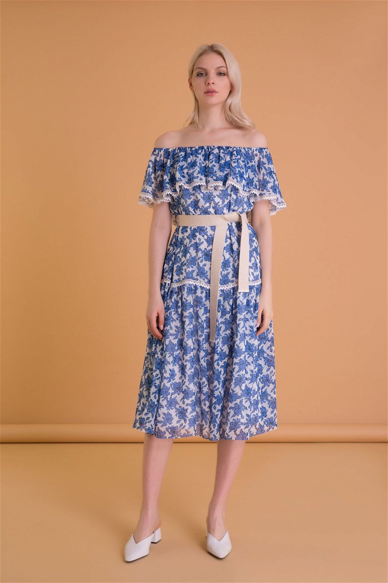  GIZIA - Floral Patterned Belt Blue Midi Dress
