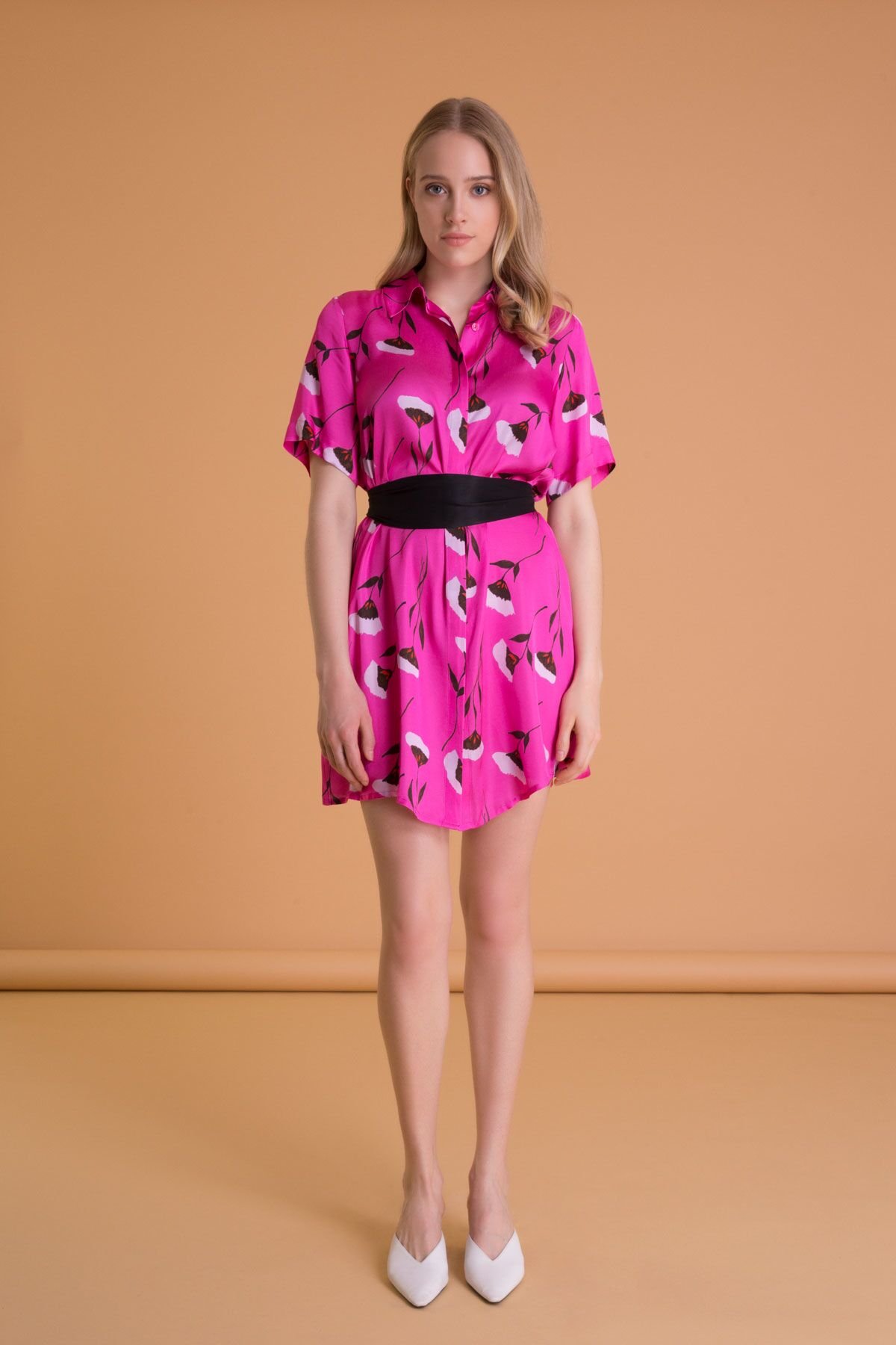 Floral Patterned Belted Fuchsia Mini Dress