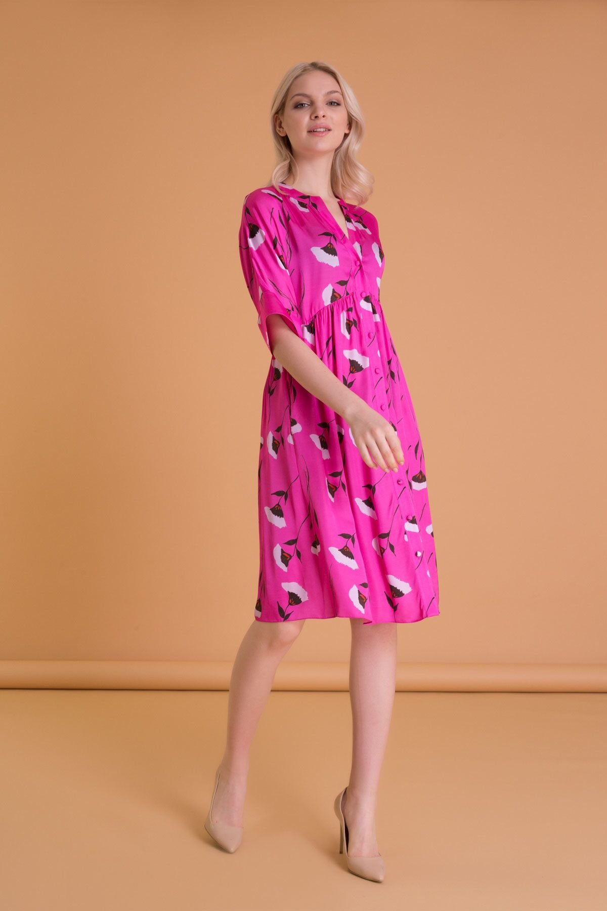 Floral Patterned Short Sleeve Fuchsia Midi Dress