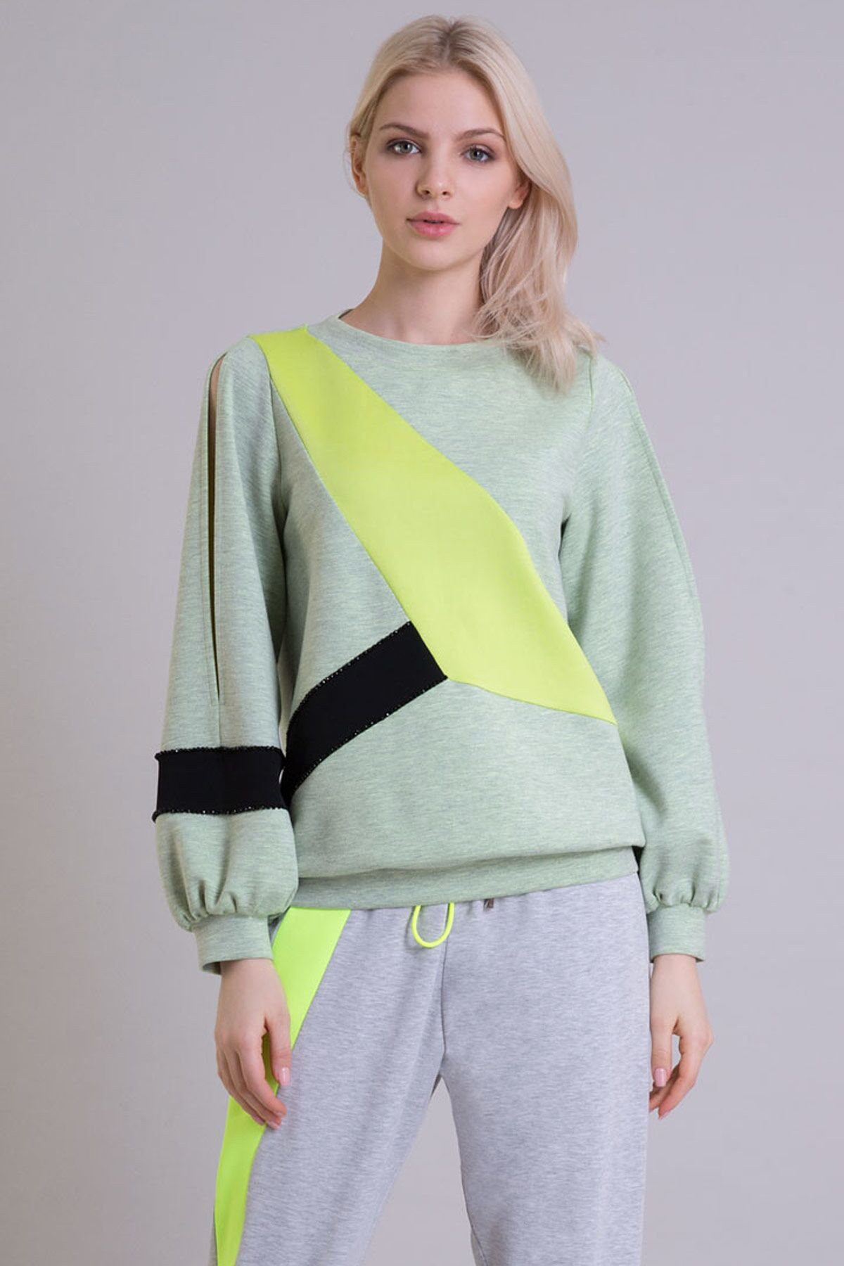 Yeşil Klişe Kol Detaylı Sweatshirt