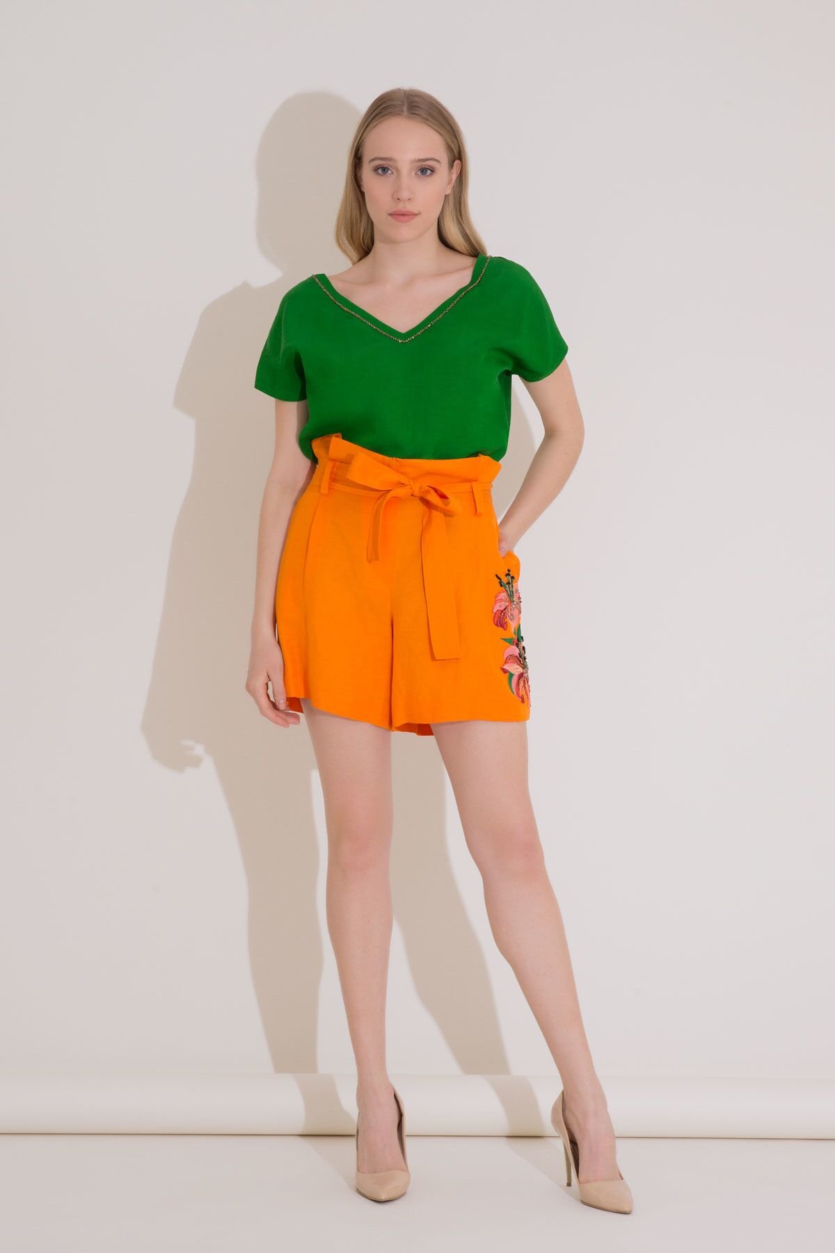 Embroidery Detailed Belted Orange Bermuda Shorts