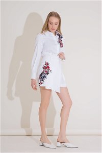 GIZIA - Embroidery Detailed Ecru Color Linen Short Skirt