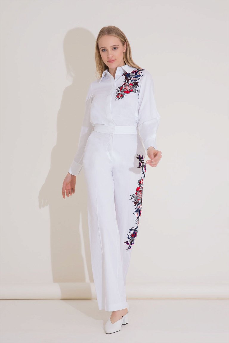  GIZIA - Embroidered High Waist Wide Leg White Trousers