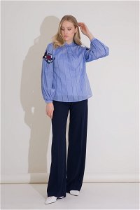 GIZIA - Embroidery Detail Tie Collar Striped Blue Voile Blouse