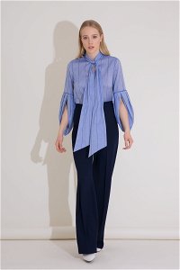 GIZIA - Balloon Sleeve And Tie Detailed Striped Blue Blouse