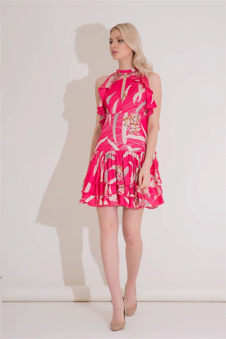 GIZIA - Leaf Pattern Frilly Pink Mini Dress