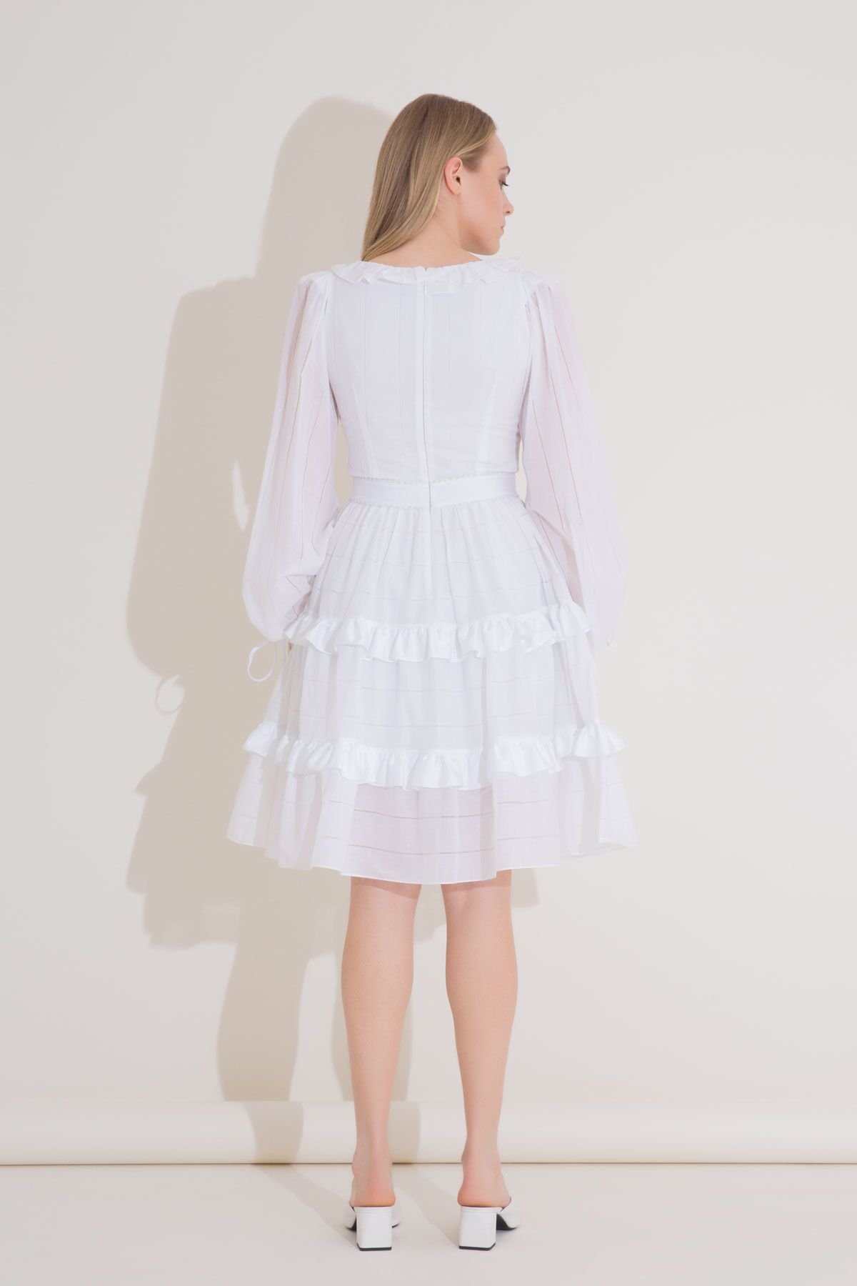 Ruffle Neck Detailed Embroidered, Pleated Mini Length Voile White Dress