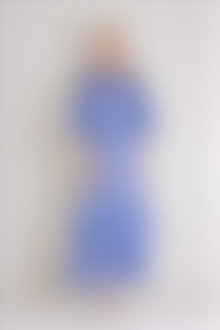Nakış Detaylı Fırfırlı Çizgili Vual Uzun Mavi Elbise