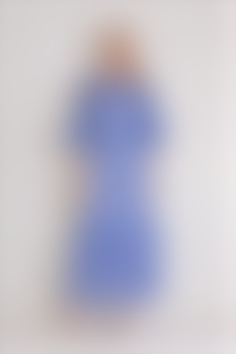 Nakış Detaylı Fırfırlı Çizgili Vual Uzun Mavi Elbise