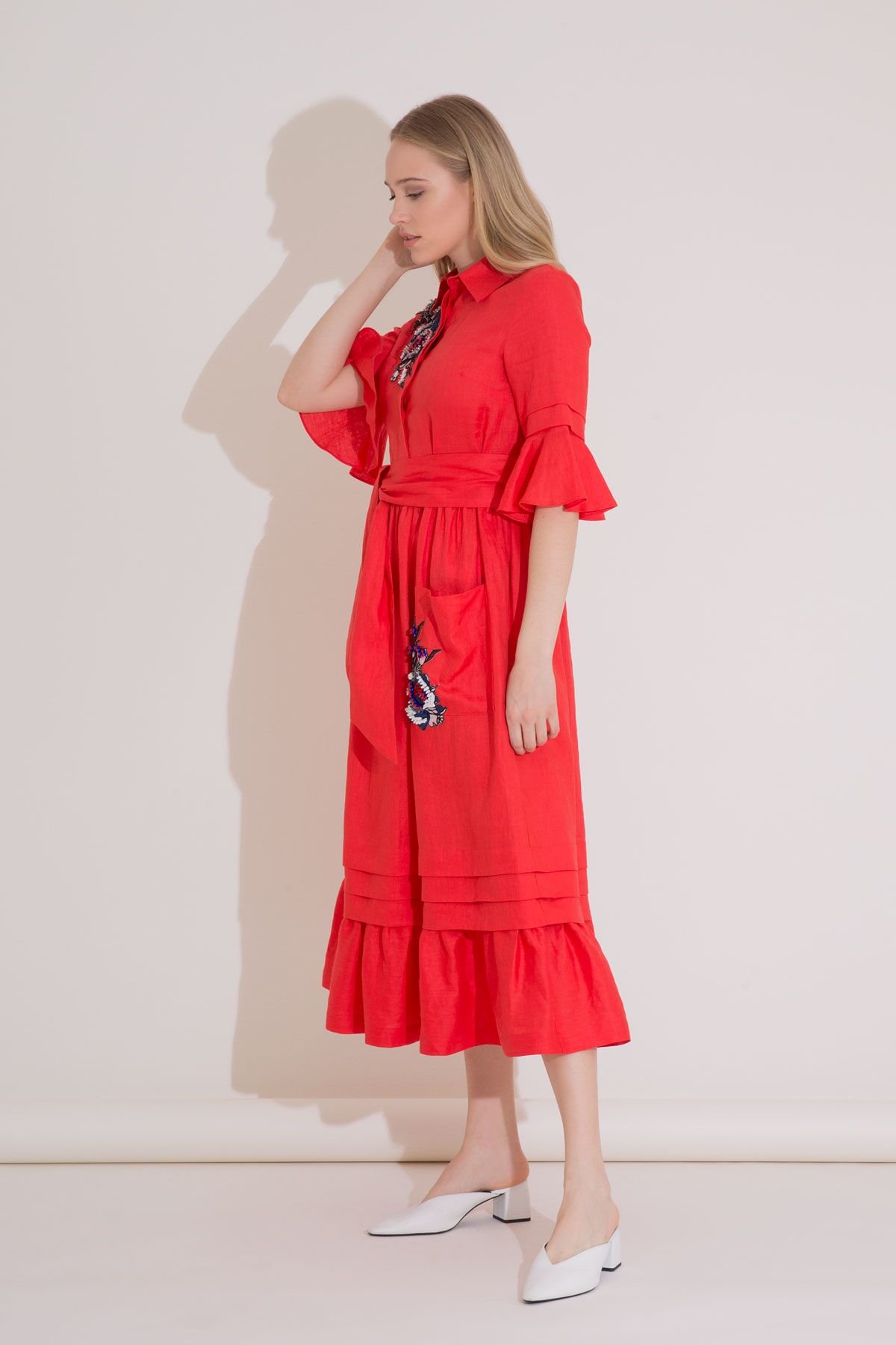 Embroidery Detailed Belted Linen Red Shirt Dress