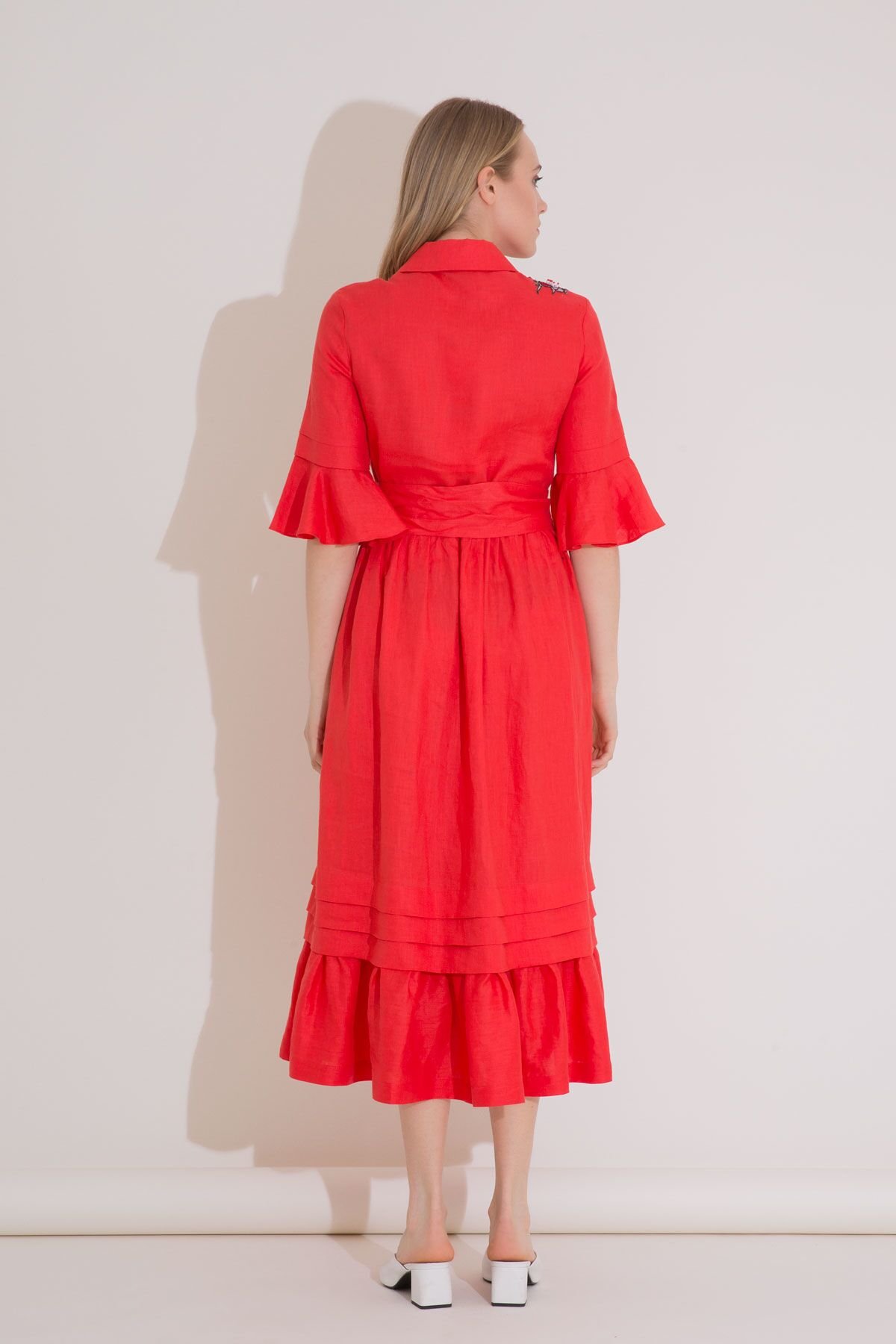 Embroidery Detailed Belted Linen Red Shirt Dress