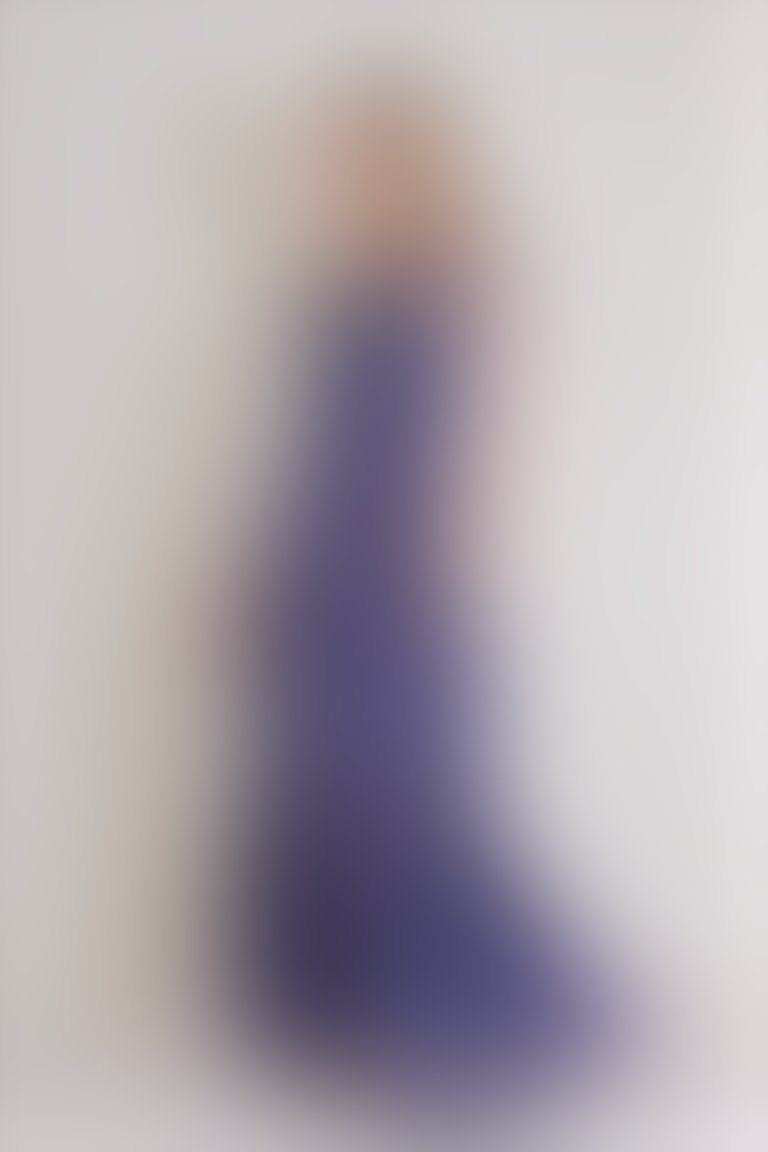 Şerit Detaylı Çizgili Organze Mavi Uzun Elbise