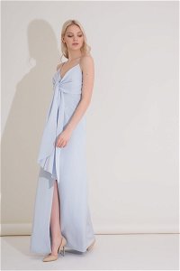 GIZIA - Slit Detailed Matte Satin Strap Blue Evening Dress