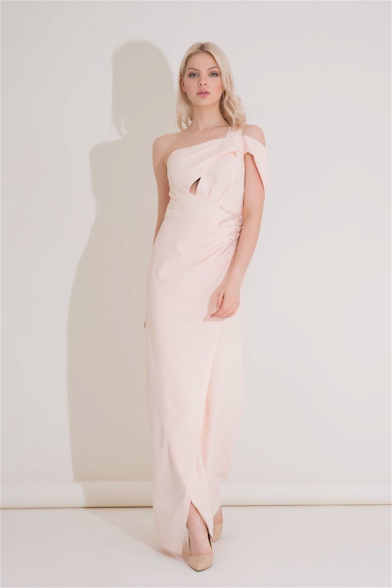 GIZIA - One Shoulder Salmon Color Crepe Evening Dress