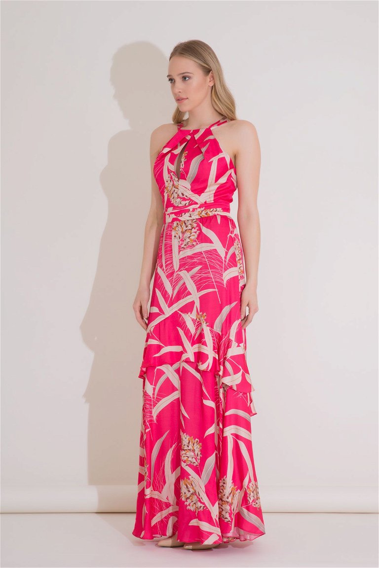 GIZIA - Floral Leaf Patterned Long Pink Viscose Dress